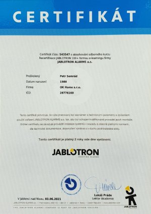 Certifikát o absolvování e-learningového odborného recertifikačního kurzu JABLOTRON 100+ firmy JABLOTRON ALARMS a.s. vystavený dne 3.6.2021 pro Petra Semráda
