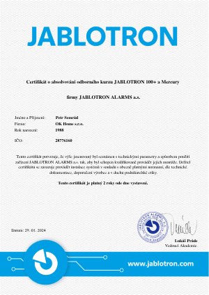 Certifikát o absolvování odborného kurzu JABLOTRON 100+ a Mercury firmy JABLOTRON ALARMS a.s. vystavený dne 29.1.2024 pro Petra Semráda