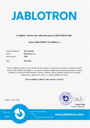 Certifikát o absolvování odborného recertifikačního kurzu JABLOTRON 100+ firmy JABLOTRON ALARMS a.s. vystavený dne 14.9.2023 pro Petra Semráda
