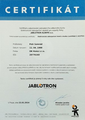 Certifikát o absolvování jednodenního odborného kurzu El. zabezpečení objektů pro experty firmy JABLOTRON ALARMS a.s. vystavený dne 22.1.2014 pro Petra Semráda