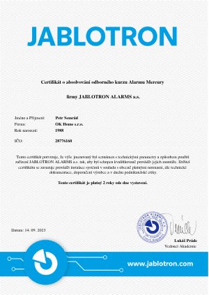Certifikát o absolvování odborného kurzu Alarmu Mercury firmy JABLOTRON ALARMS a.s. vystavený dne 14.9.2023 pro Petra Semráda