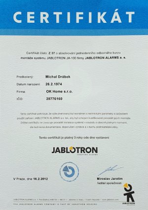 Certifikát o absolvování jednodenního odborného kurzu montáže systému JABLOTRON JA-100 firmy JABLOTRON ALARMS a.s. vystavený dne 16.2.2012 pro Michala Drábka