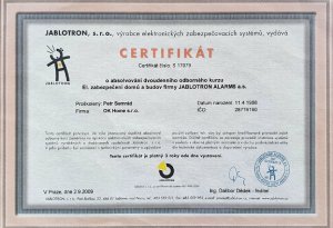 Certifikát o absolvování dvoudenního odborného kurzu El. zabezpečení domů a budov firmy JABLOTRON ALARMS a.s. vystavený dne 2.9.2009 pro Petra Semráda