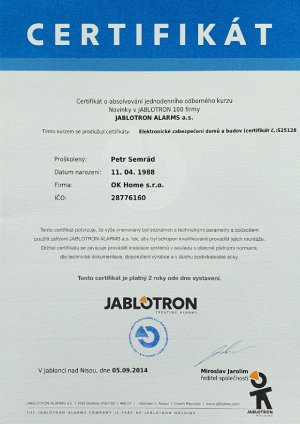 Certifikát o absolvování jednodenního odborného kurzu Novinky v JABLOTRON 100 firmy JABLOTRON ALARMS a.s. vystavený dne 5.9.2014 pro Petra Semráda